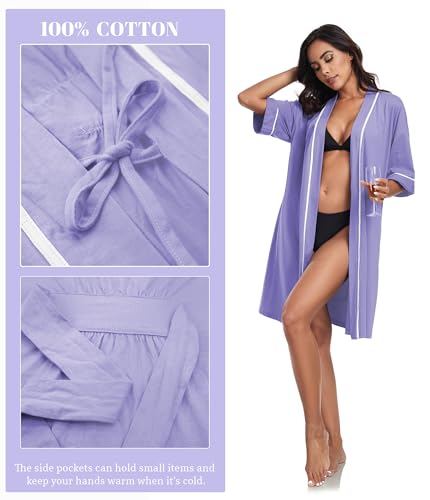 Image of ANLIQI Womens 100% Cotton Robes Lightweight Summer Short Sleeve Lady Bathrobe Knee Length Kimono Robe Sleepwear with Pockets