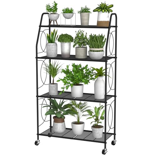 VyGrow 4 Tier Plant Stand with Wheels Plant Shelf for Indoor Outdoor Heavy Duty Metal Tall Plant Stands Holder Rack for Living Room Balcony and Garden Black