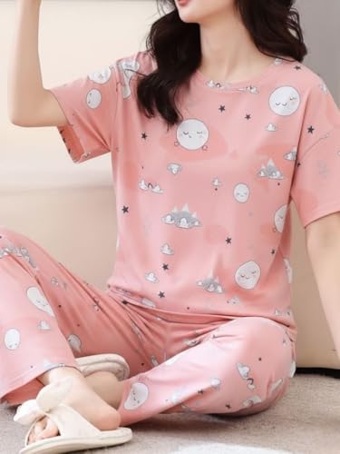 Image of Women's Korean Style Night Suit Set | Cotton Half Sleeve Top & Pyjama Set | Round Neck Printed Nightsuit | Comfortable Nightwear & Loungewear for Women | Sleepwear Pjs Lounge Set |Co-ords Outfit