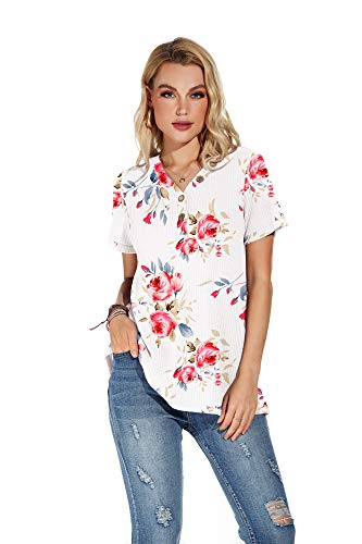 Anixay Womens Summer Tops 2022 Button Up V Neck T Shirts Casual Waffle Knit Short Sleeve Blouses Fp White-Large #TOP3