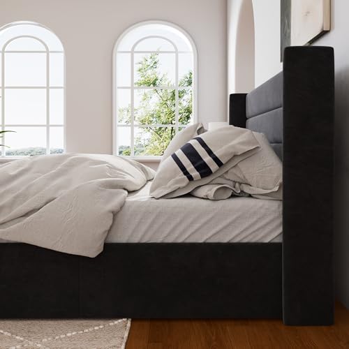 WEEWAY Queen Size Lift Up Storage Bed, Modern Wingback Upholstered Headboard, Hydraulic Platform Bed, Wooden Slats Support, Heavy Duty Mattress Foundation, No Box Spring Needed, Black