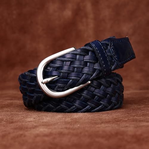 Leather Braided Belts for Men Women,1-1/8" Wide Casual Woven Waist Strap with Single Prong Buckle for Dress Pants(105cm/41, Blue)3