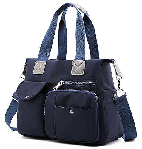 SHIFANQI Tote Bags for Women Stylish Nylon Ladies Shoulder Bag Top Handle Handbag Multi Pockets Work Totes Water Resistant Travel Crossbody Messenger Bag (Navy Blue)
