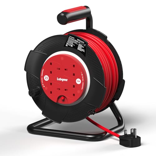 Labgear Extension Lead 25m Heavy Duty Cable Reel 4 Socket 13A Power Reel with Thermal Cut-Out Protection Durable Drum and Carry Handle Black/Red
