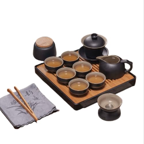 Vlfn 黒陶釉面 工夫茶セット ハンドメイド 黒陶茶壺 茶海 蓋碗 茶葉缶 茶盤付き ホームオフィス用 10 点組 伝統中国茶器 ハンドル付き 耐熱 防滴 (黒陶10頭蓋碗セット+茶葉缶+茶托)