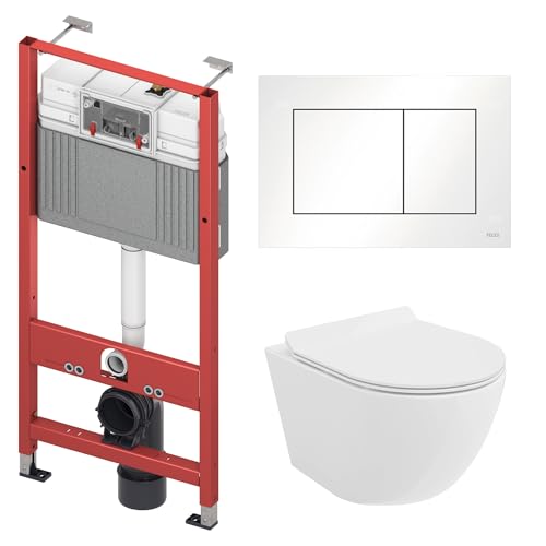 BADLAND WC-Vorwandelement Set TECEbase mit Wand-WC Rolo Weiß, Schallschutzmatte & Betätigungsplatte Weiß – Komplettset für Trockenbau & Vorwandinstallation