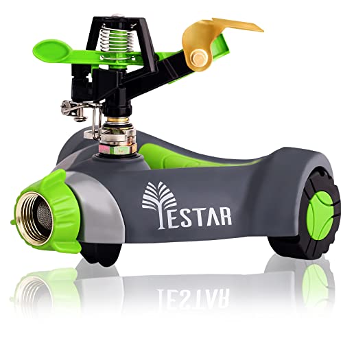 YESTAR Garden Lawn Sprinkler System Adjustable 360° Rotating Portable Yard Impulse Sprinkler with Metal Head & Wheeled Base Water Up to 5,600 Sq. Ft. Coverage