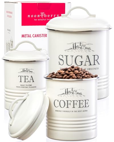 noonberry Kitchen Canisters for Countertop – 3-Piece Airtight Kitchen Canister Set – Sugar Coffee Tea Containers for Kitchen Counter – Cream-White Magnolia Finish