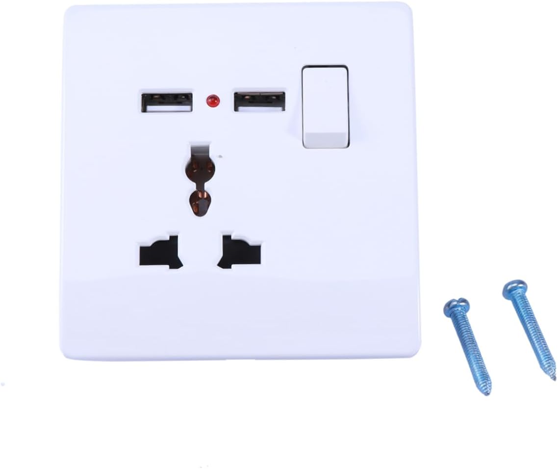 Universal Dual USB Wall Power Supply Socket Charger with Power ON/Off Switch 3 Pin Face Plate Panel for Cellphones Tablets and Digital Devices White