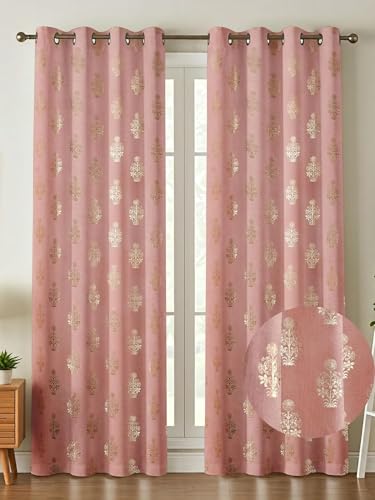 Image of Premium Velvet Door Curtains 7 Feet Long, Golden Foil Matka Design Room Darkening Curtains for Door, Thermal Insulated Parda 4 Feet X 7 Feet (48 Inch X 84 Inch)-1 Pcs Pink Colour