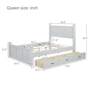 Farmhouse style wood panel bed frame four square poster bed with three storage drawersqueen ancient white  urban country home decor