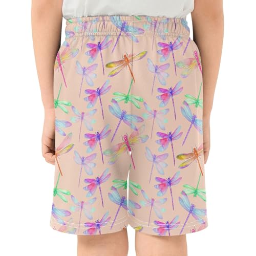 CHIFIGNO Dragonflies Pastel Rainbow Pull-On Boys Soccer Shorts Elastic Waist Kids Boys Vacation Outfits with Pockets XS3