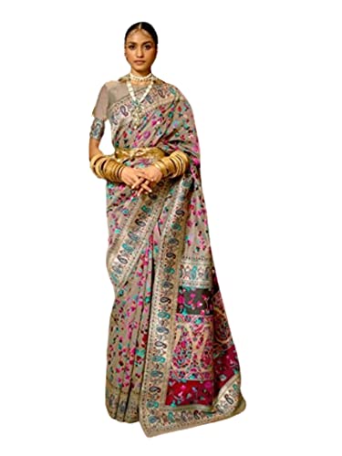 Sari kashmiri en soie tissé main gris 6.3m élégance traditionnelle pour mariage