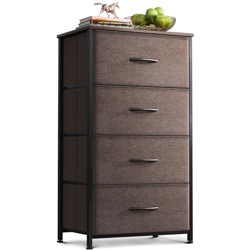 AODK Dresser for Bedroom with 4 Storage Drawers, Small Dresser Chest of Drawers Fabric Dresser with Sturdy Steel Frame, Dresser for Closet with Wood Top, Brown
