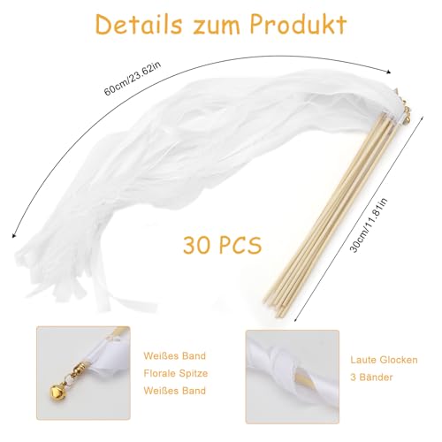 Ślubne ścianki, 30 sztuk prętów z dzwonkiem i wstążkami ślubnymi, różdżki ślubne, serpentyny, na wesela, urodziny, imprezy, święta