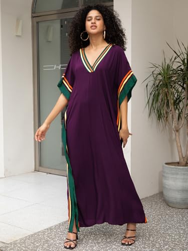 Image of KECVOT Kaftan Dresses for Women V-Neck Print Swimsuit Cover Up Plus Size Beach Caftan Lounge Dress