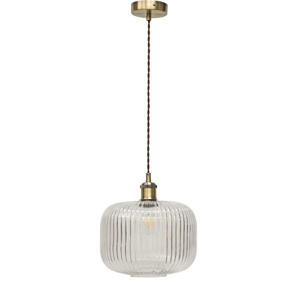 Firstchoicelighting Antique Brass & Clear Clear Ribbed Glass Ceiling Light Pendant With Vintage Style Antique Brass Cable Kit, Height Adjustable, Kitchen Island Dining Lighting