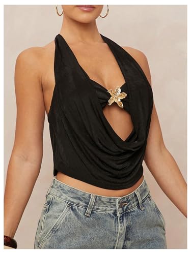 SOLY HUX Women's Halter Top Cut Out Draped Front Sleeveless Tie Backless Crop Tank Tops4