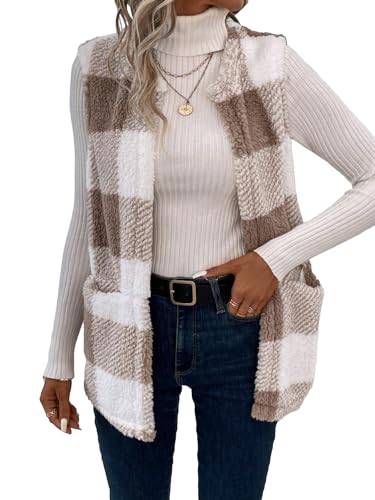 SOLY HUX Women's Plaid Vest Coat Open Front Sleeveless Teddy Outerwear with Pocket