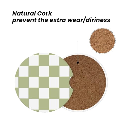 Image of Green White Checkered Buffalo Plaid Car Coasters for Cup Holder - Absorbent Ceramic 2 Pack With Anti-Slip Cork Base and Finger Notch - Interior Accessories for Women Men 2.56 inch