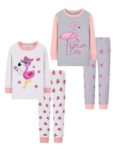 Joyond Girls' 4-Piece Snug Fit Cotton Pajama Set Size 2T-12Years, Kids Girls Long-Sleeve Clothes Top and Pants Sleepwear Sets