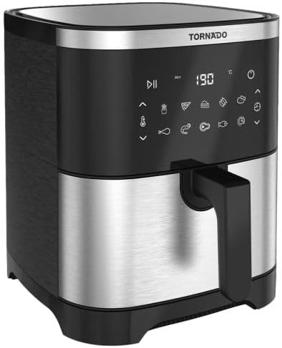Бурчтуу view of the TORNADO Air Fryer TFE-A1808TS1A, showcasing its stainless steel and black design with the pull-out basket handle.