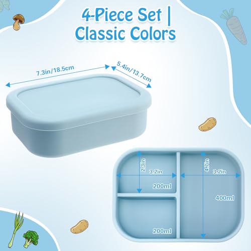 Image of Honeydak 4 Pcs Silicone Bento Box, 3 Compartment Lunch Food Container for Women Men, Leak Proof Microwave Easy to Clean Dishwasher Freezer Safe (Blue)