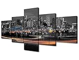 Panoramic Cityscape Canvas Wall Art Denver Skyline Wall Decorations Night Cityscape Pictures Paintings on Canvas Black and White Wall Art 5 Piece Wall Pictures Framed Ready to Hang (50' W x 24' H)