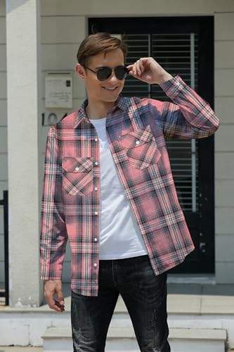 SANGTREE Mens and Boys Plaid Flannel Shirt Long Sleeve Casual Button Down Western Shirts with Chest Pockets3