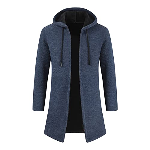 Men's Zip Up Long Cardigan Sweater Open Front Hooded Knitted Cardigans Winter Warm Longline Slim Fit Knit Coat (Blue,3X-Large)