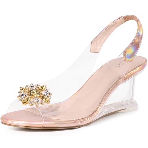 Perphy Rhinestone Clear Wedge Heel Slingback Sandal for Women