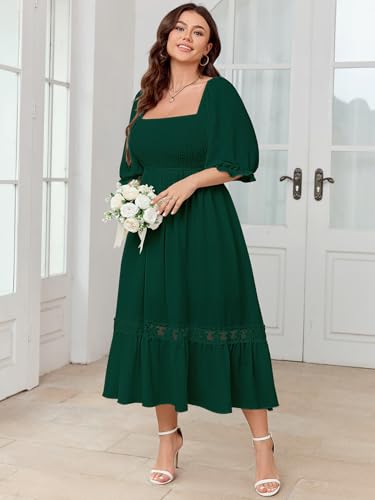 Image of SCOMCHIC Women's Plus Size Boho Maxi Dress Short Sleeve Square Neck Smocked Flowy A-Line Lace Trim Wedding Guest Dresses