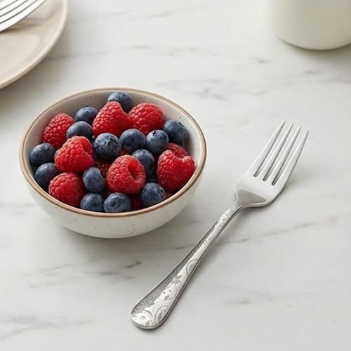 Image of 6.7 inch Sterling Silver Salad Forks with Floral Printed Handle | Set of 5 Durable Stainless Steel Fruit Forks | Mirror Polished Silverware for Home, Restaurants, and Gift Giving