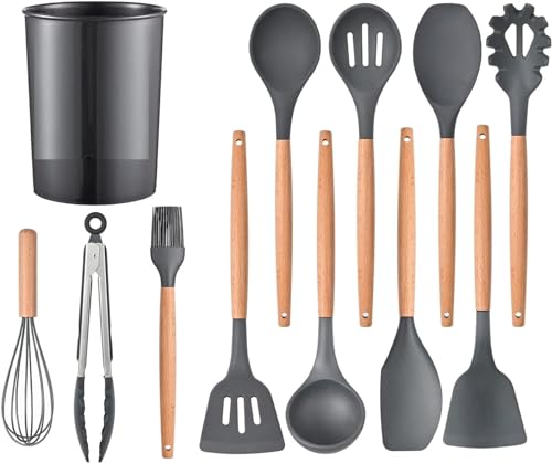 Image of Barebeauty 12 Pcs Silicone Kitchen Utensils Set with Holder Heat Resistant Silicone Spatula | Turner Set Wooden Spoons Kitchen Tools | Cooking Utensils for Nonstick Cookware (Grey)