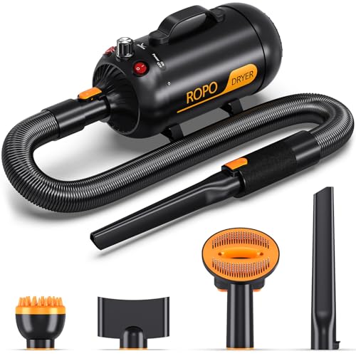 ROPO Pet Hair Dryer, High Power Dog Water Blower, Portable Low Noise Pet Grooming Hair Dryer, Adjustable Temperature and Wind Speed Dog Grooming Kit with 4 Nozzles(Black, SE02)