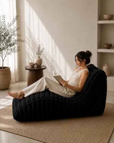 Image of Mollismoons Faux Fur Bean Bag Chair Cover for Adults & Kids | Luxury Lounger & Round Floor Sofa Seating | Modern Cozy Feel | No Beans Included (Black, Lounger)