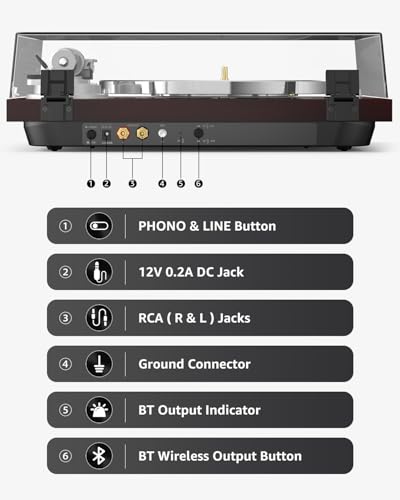 Image of Record Player Turntable Wireless Output Vintage Vinyl Player Aluminium Platter Carbon Fiber Tonearm Belt-Drive 33 45 RPM Phono Audio AT-3600L MM Cartridge RCA Line Anti-Skate Pitch Control Walnut Red