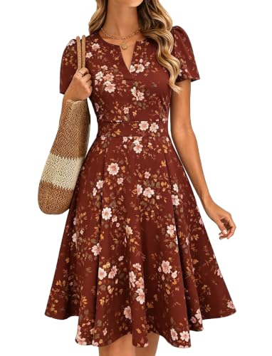 Dress for Women Summer Floral Short Sleeve V Neck Semi Formal Fit and Flare A Line Swing Vintage Sunday Church Petite Trendy Elegant Cocktail Business Casual Work Wedding Guest Dresses S