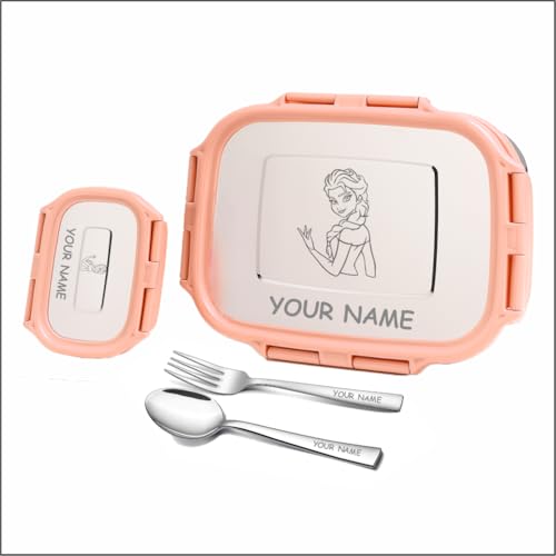 Image of Personalized Tiffin | Customized Lunch Box with Lids | Personalized Stainless Steel Tiffin Box | Your Child's Name and Favourite Character Engraved | for School Students (Peach)