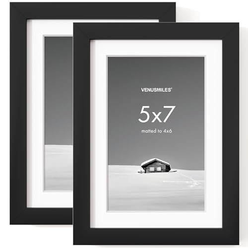 Venusmiles 5x7 Picture Frame, Display 5x7 Photo Frames - High Definition Plexiglass - Vertical and Horizontal Display - Wall Hanging or Table Top Frame - Black, 2 Pack