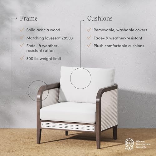 Nathan James Twila Boho Rattan Chair, Outdoor Lounge Chair, Cushioned Patio Chairs with Rattan Arms, Solid Wood Frame, Linen White by Nathan James - Image 4