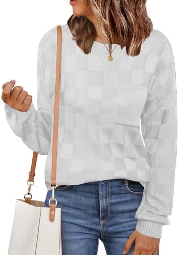 Womens Sweaters 2025 Fashion Trendy Long Sleeve Crewneck Checkered Sweater Knit Loose Pullover Sweater Tops