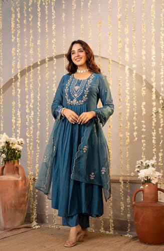Image of Women Chanderi Silk Embroidered Kurta Pant Dupatta Set | Ethnic Wear | 2.25m Dupatta | S-XXL | Green & Teal Blue