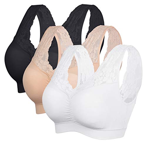 Vertvie Femme Soutien-Gorge de Sport Dentelle sans Armature Sexy Brassière Rembourré Push Up Lingerie Lace Bra Tank Top Bustier Confortable(2XL,3pcs-Noir+Blanc+Complexion)