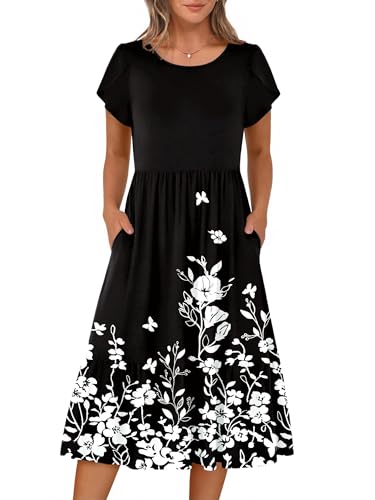 HOTOUCH Sundresses for Women Over 50 Casual Summer Dress Midi Dresses for Women Short Sleeve Dress Resort Wear for Older Women 2026 Black Floral XL