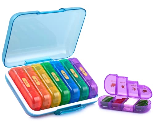 Image of Premium weekly pill organizer 4 times a day, Medicine organizer box| Medicine box, portable travel pill box weekly with large compartments moisture-proof pill case for vitamin, Medicine, pills, supplements (Mulitcolor-4 Compartment)