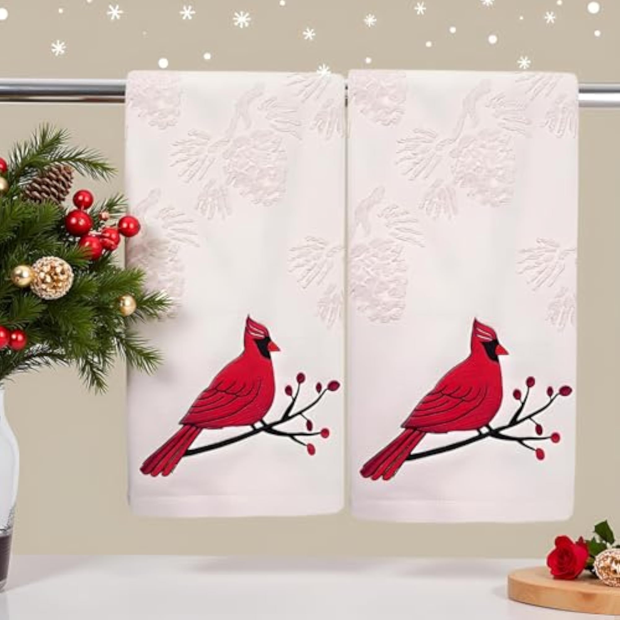 Cotton Jacquard Pine Cone Embroidered Christmas Hand Towels Set