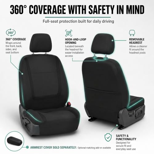 Image of FH Group Car Seat Covers Front Set in Cloth for Low Back Car Seats with Removable Headrest, Universal Fit, Automotive Washable for SUV, Sedan, Van Black