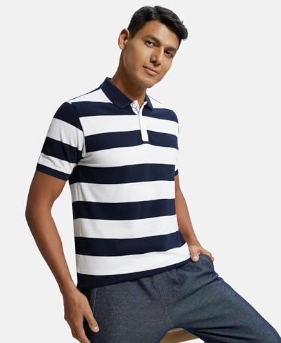 Image of Jockey US93 Men Super Combed Cotton Rich Striped Polo T-Shirt