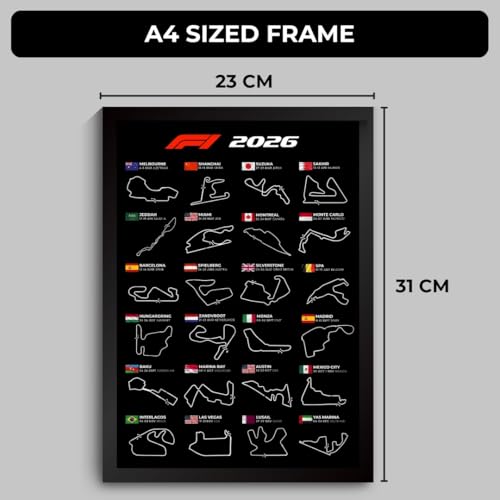 Image of F1 Poster | Formula 1 Race Frame | F1 Race Calendar 2026 Poster for Wall | F1 Tracks Wall Decor | Monza, Monaco, Suzuka, Silverstone Track Room Decor Framed | Formula 1 Room Decor (F 166)